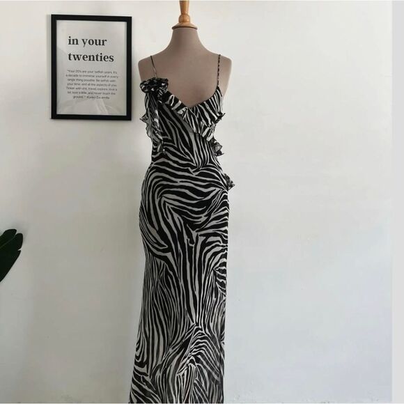 NWT ZARA RUFFLED LONG ANIMALβPRINT DRESS zebra satin maxi - Picture 2 of 16